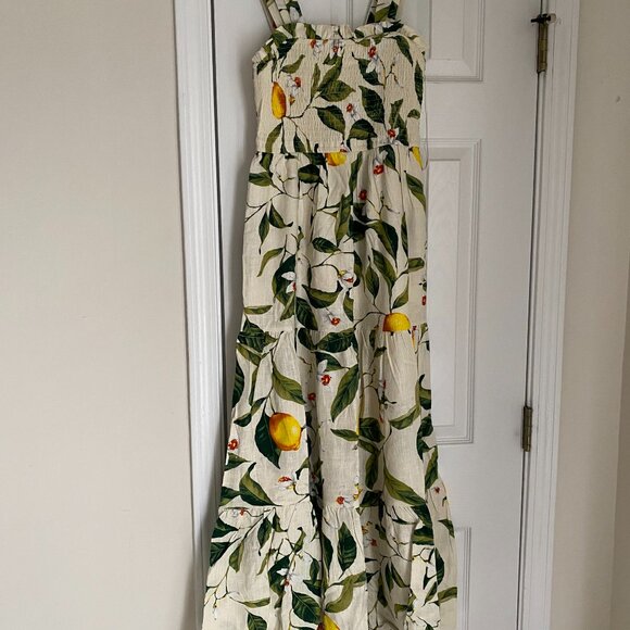Linen-Blend Lemon Floral Sleeveless Smocked Tiered Maxi Dress - Picture 1 of 1